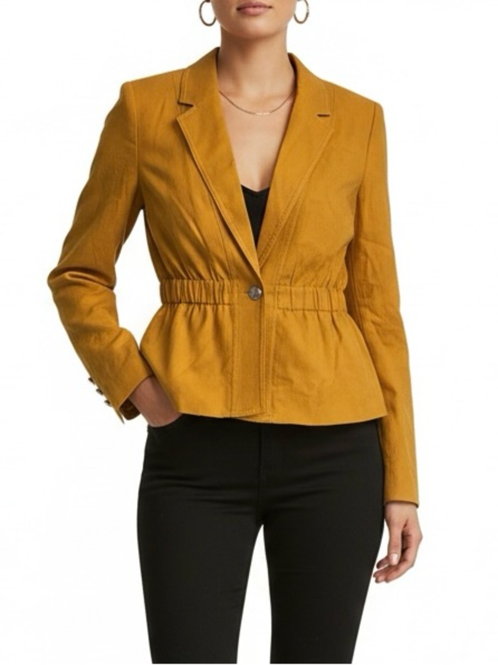 White House Black Market Mustard Single-Button Cinched-Waist Blazer
